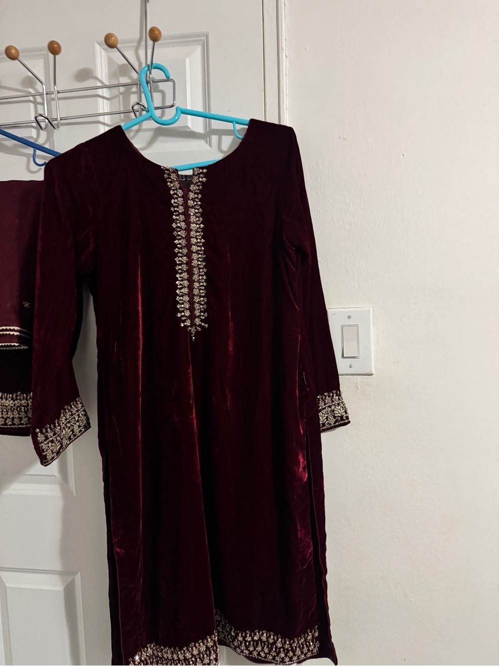 Embroidered Hand made Velvet Shirt Trouser in Deep Maroon